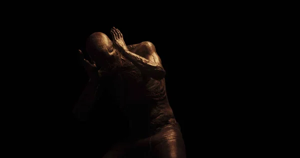 Image Distressed Shirtless Bald Figure Holding Head Pain Dark Room — Fotografia de Stock