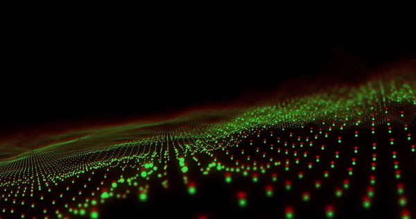 Image of undulating green and red 3d particle landscape on black background. Communication technology, abstract digital interface background concept digitally generated image.