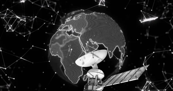 Image of satellite over globe and network of connections on black background. Global connections and data processing concept digitally generated image.