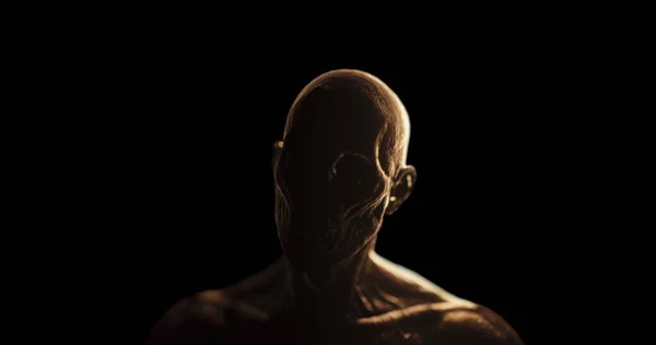 Image Distressed Shirtless Bald Figure Holding Head Pain Dark Room — стоковое фото