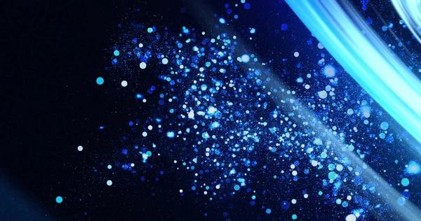 Siyah Arkaplanda Parlayan Mavi Beyaz Parçacıkların Üzerindeki Mavi Işık Görüntüsü — Stok fotoğraf