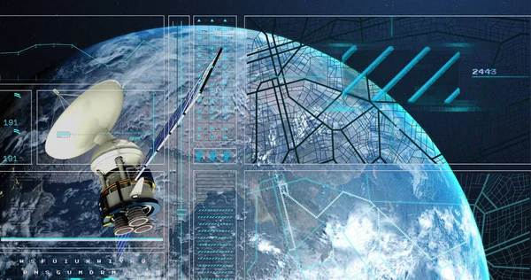Image of satellite over globe and data processing on blue background. Global connections and data processing concept digitally generated image.