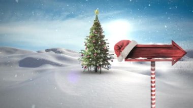 Yılbaşı ağacının üzerine düşen kar ve tahta okun animasyonu. Noel, gelenek ve kutlama konsepti dijital olarak oluşturuldu.