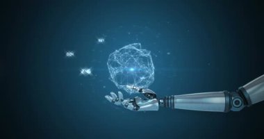 Robot el ve karanlık arkaplan üzerinden bağlantı ve sayı ağının animasyonu. Dijital olarak oluşturulmuş küresel bağlantılar, veri işleme ve dijital arayüz kavramı.