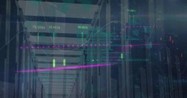 Animation of financial data and graphs over servers. Network, finance, data processing and technology concept digitally generated video.