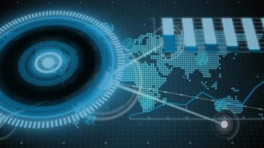 Animation of network of connections over scope scanning and world map. Global connections, computing and digital interface concept digitally generated video.