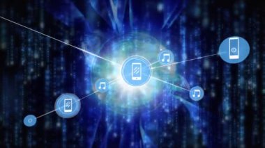 Veri işleme üzerine simgelerle bağlantı ağının animasyonu. küresel iş ve dijital arayüz kavramı dijital olarak oluşturulmuş video.