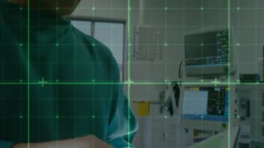 Animation of grid network over mid section of male surgeon using digital tablet at hospital. Medical healthcare and technology concept