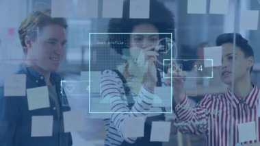 Animation of data processing with people portraits and growing numbers over diverse business people. Global technology, computing and digital interface concept digitally generated video.