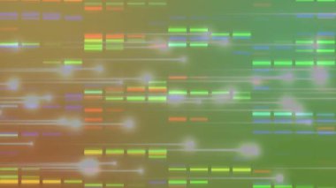 Animation of glowing green and blue rectangles on green background. Global data processing and digital interface concept digitally generated video.