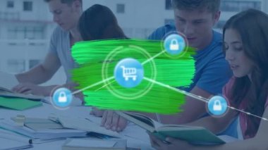 Animation of network of connections over diverse students learning. Global education and digital interface concept digitally generated video.