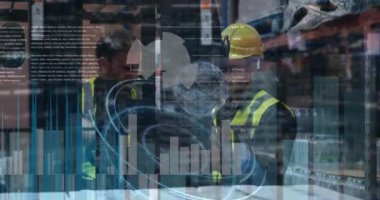 Depoda tartışan iki erkek işçinin istatistiksel veri işleme animasyonu. Lojistik işi ve teknoloji konsepti