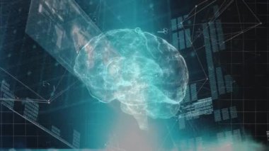 Siyah arkaplan üzerinde veri işleme ve beyin animasyonu. Küresel iş ve dijital arayüz kavramı dijital olarak oluşturulmuş video.