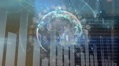 Animation of data processing over globe with icons. Global business and digital interface concept digitally generated video.