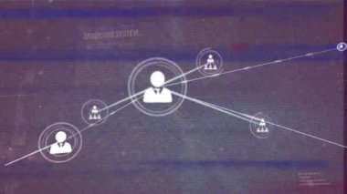 Bozuk bozukluk animasyonu, veri ve grafikler üzerinden çizgilere bağlanan dijital insan simgesi. Dijital olarak üretilmiş, çoklu pozlama, sosyal medya, internet, problemler, veri ve teknoloji.