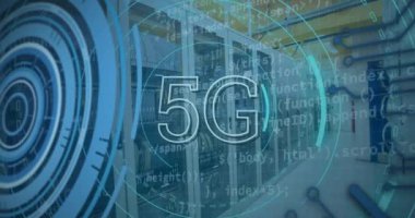 Animation of 5g text, scopes scanning and data processing over servers. Global connections, data processing and digital interface concept digitally generated video.