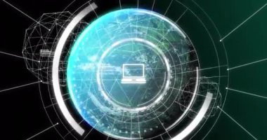 Animation of data, icons, connections and globe on black background. Network, connections and technology concept digitally generated video,