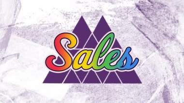 Mor arkaplandaki beyaz şekiller üzerinden satış metninin animasyonu. Küresel sosyal medya ve dijital arayüz kavramı dijital olarak oluşturulmuş video.