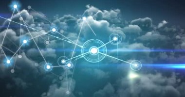 Bulutların üzerindeki bağlantı ağının animasyonu. Ağ, bağlantılar ve teknoloji konsepti dijital olarak oluşturulmuş video,