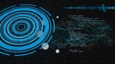 Animation of scope scanning with data processing over dna strand. Global connections, computing and digital interface concept digitally generated video.