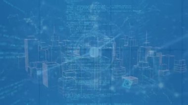 Mavi dijital ekranda veri işleme, bağlantılar ve metazır şehrin animasyonu. Ağ, dijital arayüz, iletişim, sanal gerçeklik ve teknoloji konsepti dijital olarak oluşturulmuş video.