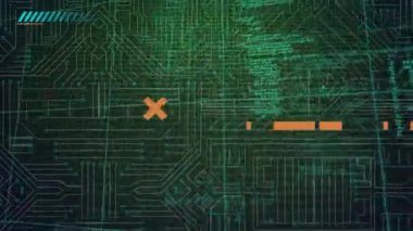 Veri işleme üzerine şekillerin ve bilgisayar devre kartlarının animasyonu. Küresel teknoloji, bilgisayar ve dijital arayüz kavramı dijital olarak oluşturulmuş video.