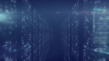 Mavi arkaplanda veri işleme animasyonu. küresel iş ve dijital arayüz kavramı dijital olarak oluşturulmuş video.