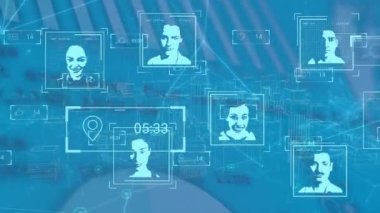 Veri işleme animasyonu ve mavi arkaplan üzerinde insanlar simgeleri. Küresel iş ve dijital arayüz kavramı dijital olarak oluşturulmuş video.