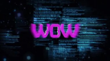 Animation of wow text and data processing over black background. Social media and digital interface concept digitally generated video.