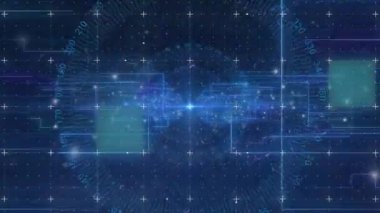 Animation of data processing and shapes on blue background. Global social media connections and digital interface concept digitally generated video.