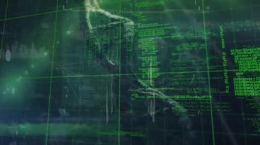 DNA ipliği üzerinde veri işleme animasyonu. Küresel tıp ve dijital arayüz kavramı dijital olarak oluşturulmuş video.