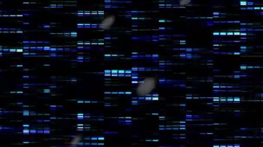 Digital animation of blue mosaic squares over spinning globe against black background. Global networking and business technology concept