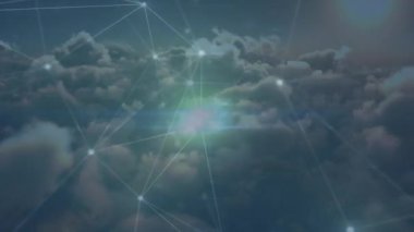 Animation of glowing network of connections over clouds in the sky. Global networking and business technology concept