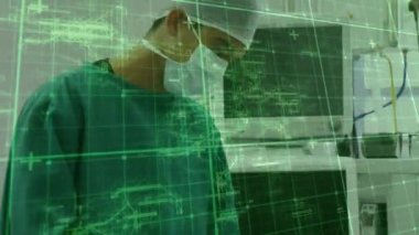 Hastanedeki erkek cerrahın kadın hastayla konuşması üzerine şebeke ağının animasyonu. Tıbbi sağlık ve teknoloji konsepti