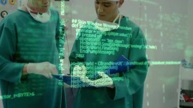 Animation of data processing over two male caucasian male surgeons discussing at hospital. Medical healthcare and technology concept