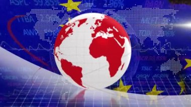 Dünyanın animasyon döngüsü, grafiksel harita, şebeke modeli, borsa kalbi ve Avrupa Birliği bayrağı. Hologram, dijital olarak üretilmiş, çoklu pozlama, küresel ağ, yatırım, veri ve finans.