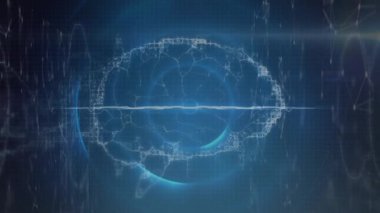 Beyin üzerinde veri işleme animasyonu. Küresel tıp ve dijital arayüz kavramı dijital olarak oluşturulmuş video.