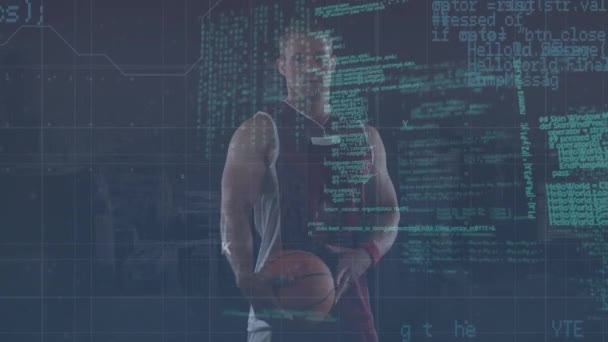 Animation Digital Data Processing Portrait Caucasian Basketball Player Holding Ball — Stockvideo