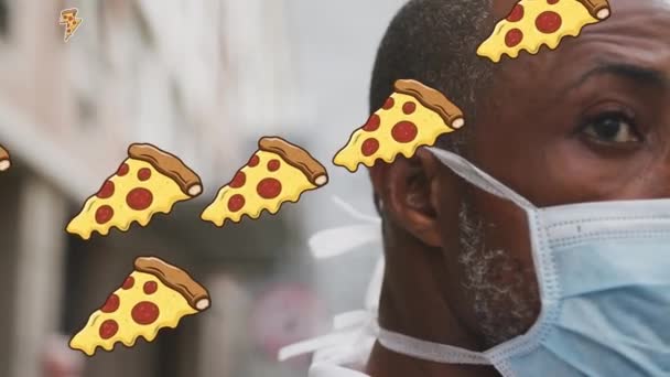 Animation Multiple Pizza Icons Close African American Man Man Wearing — Wideo stockowe