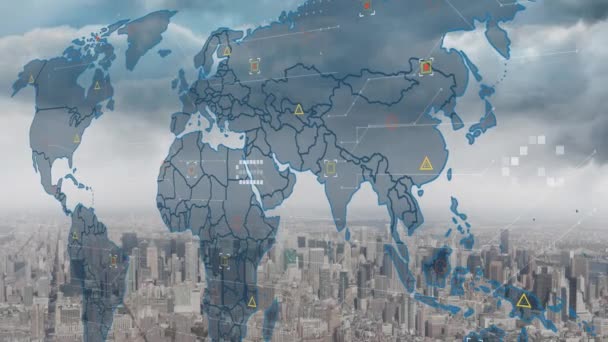 Анімація Обробки Даних Карта Світу Над Міським Пейзажем Концепція Глобального — стокове відео