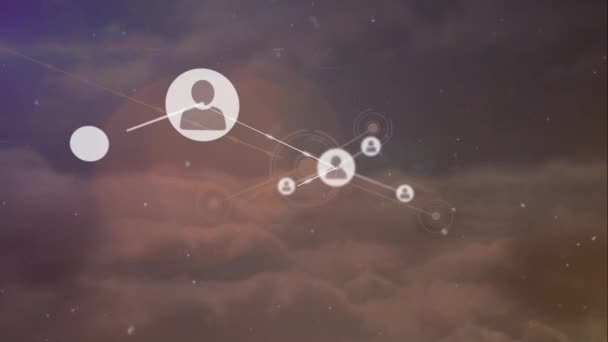 Animation Network Connections Icons Snow Falling Sky Clouds Global Connections — Αρχείο Βίντεο