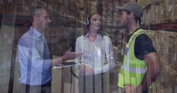 Animation Data Processing Team Diverse Supervisor Workers Discussing Warehouse Logistics — Wideo stockowe