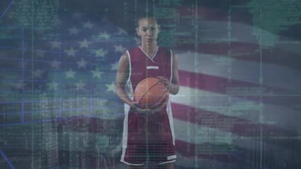Animation Programming Code Digital Data Biracial Player Basketball American Flag — Vídeo de stock