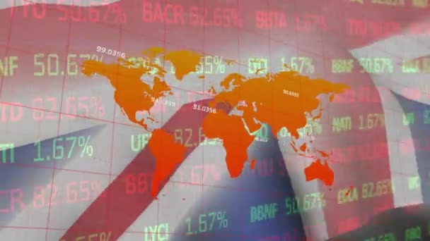 Animation Graphical Map Stock Market Trading Board Waving British Flag — Vídeo de stock