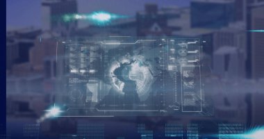 Şehir manzarası üzerinde veri işleme ve küre resmi. Küresel teknoloji, bilgisayar ve dijital arayüz kavramı dijital olarak oluşturulmuş görüntü.