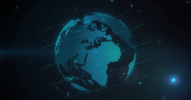 Siyah arkaplandaki dünya üzerindeki bağlantı ağının resmi. Dijital olarak oluşturulmuş küresel bağlantılar, ağlar ve veri işleme kavramı.