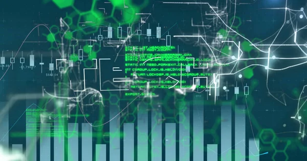 Mavi Arka Planda Grafikler Veriler Teknoloji Altıgenler Maliye Ekonomi Teknoloji — Stok fotoğraf