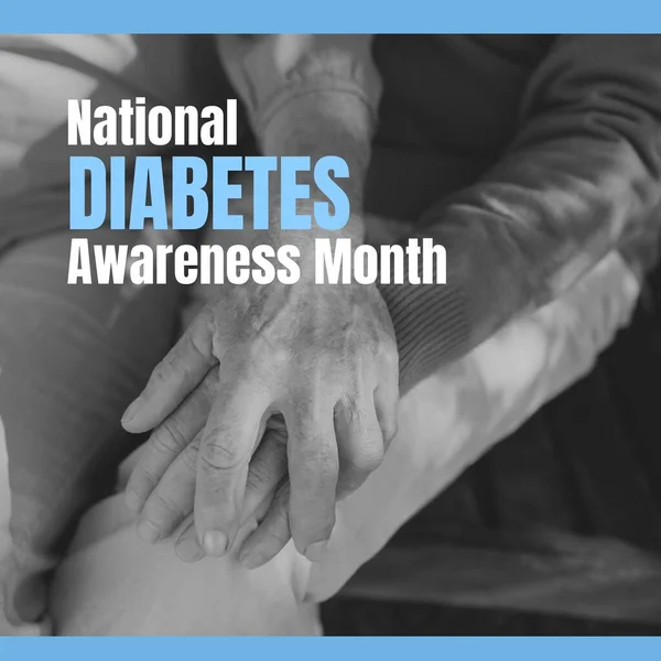 National diabetes awareness month over hands of caucasian seniors. Health, medicine and diabetes awareness concept.