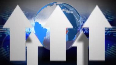 Dünya ve oklar üzerinde veri işleme animasyonu. Küresel iş ve dijital arayüz kavramı dijital olarak oluşturulmuş video.