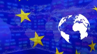 Grafiksel haritayla dönen dünyanın animasyon döngüsü ve ticaret kuruluna karşı Avrupa Birliği bayrağı. Hologram, dijital olarak üretilmiş, çoklu pozlama, küresel iş, yatırım, veri ve finans.